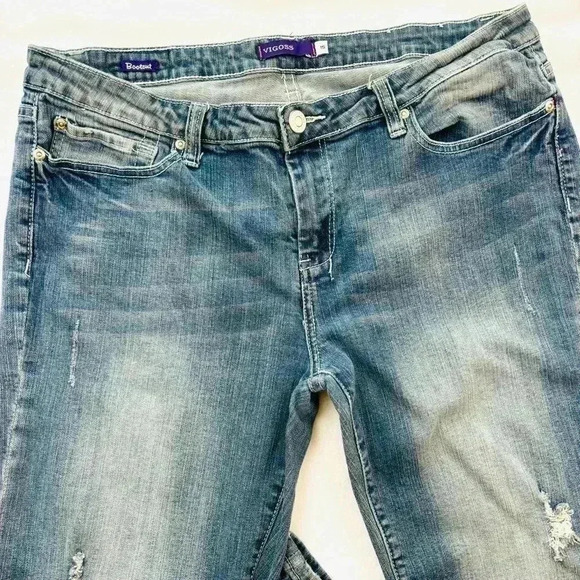 Vigoss Med Wash Lowrise Faded Distress Rhinestone Pocket Bootcut Jeans Size 15 - Picture 3 of 16